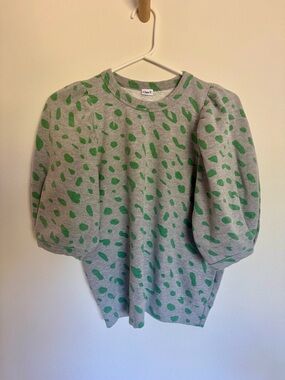 Clare V Gray Sweatshirt with Green Spot Pattern and Puff Sleeves